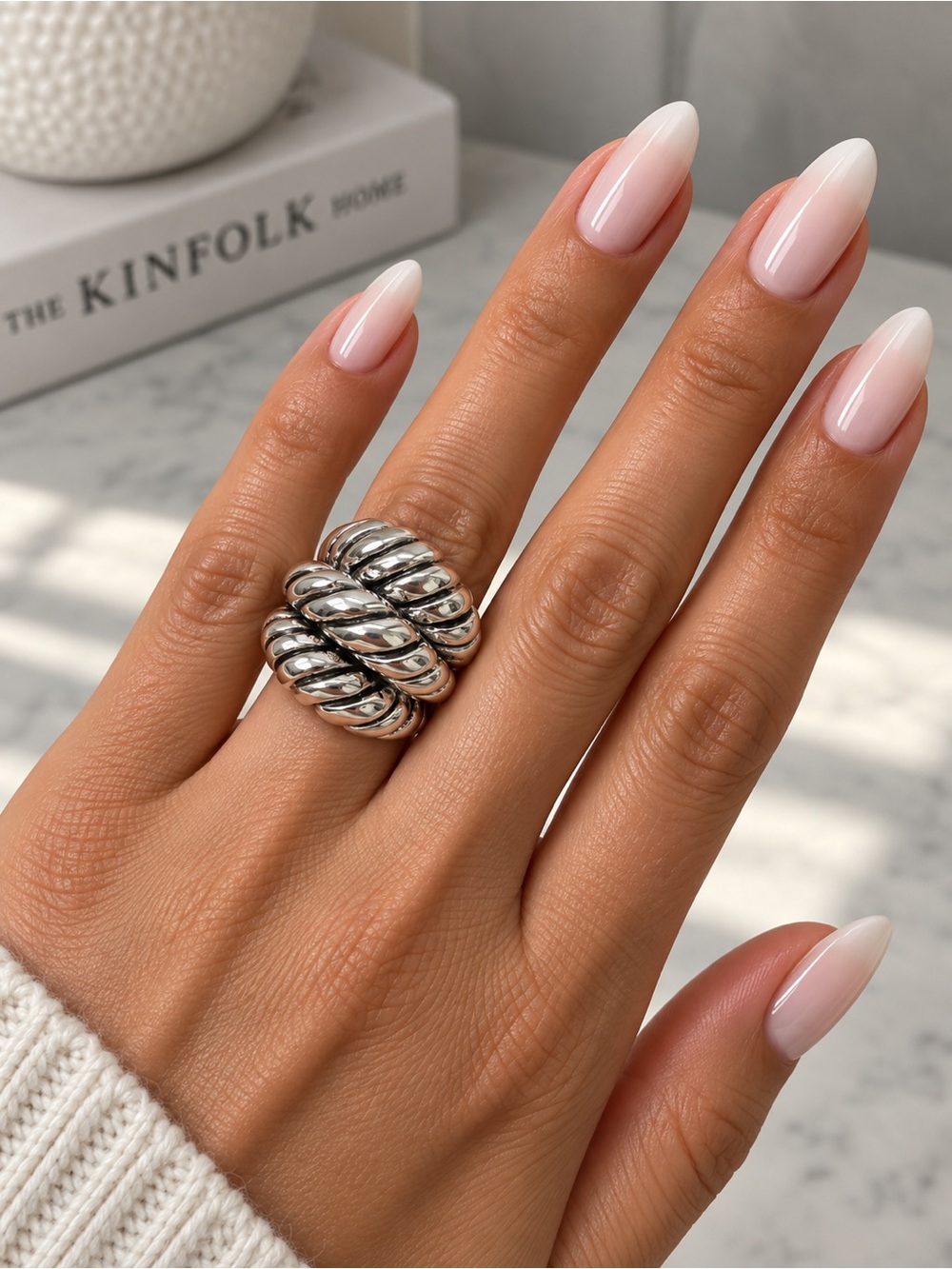 Sterling Silver 925 Sculpted Rope-Style Dome Ring